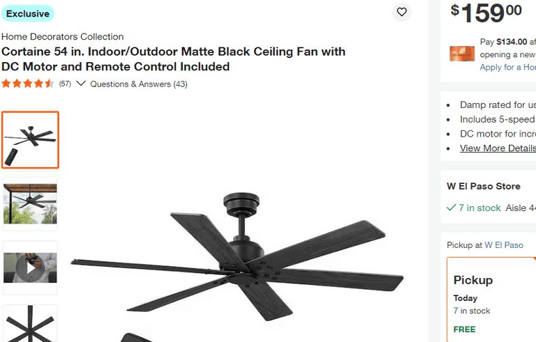Cortaine 54" Matte Black Ceiling Fan , Open Box