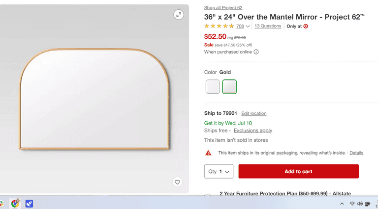 36" x 24" Over the Mantel Mirror , Like New/Open Box