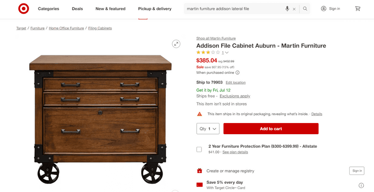 Martin Furniture Addison File Cabinet Auburn , Like New/Open Box