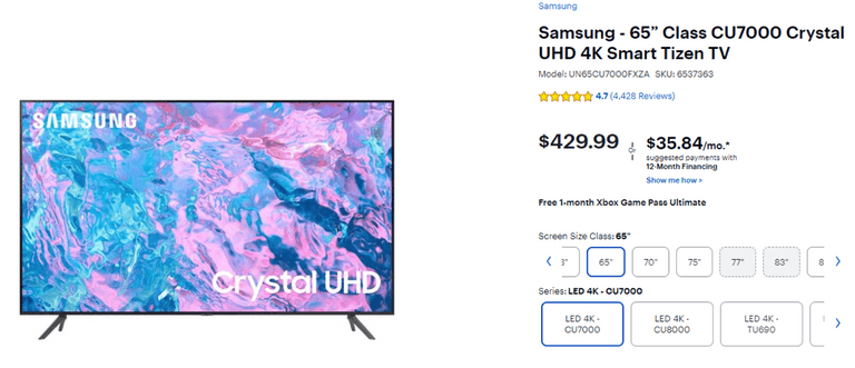 Samsung 65” CU7000 Crystal UHD 4K Smart Tizen TV, No Box, No Remote , Employee Tested