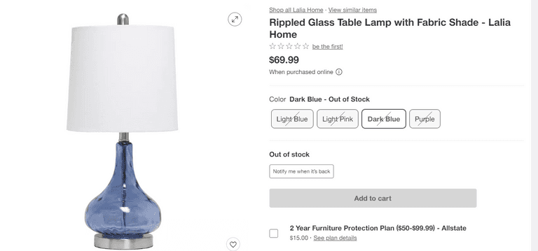 Rippled Glass Table Lamp with Fabric Shade , Visually Good Condition