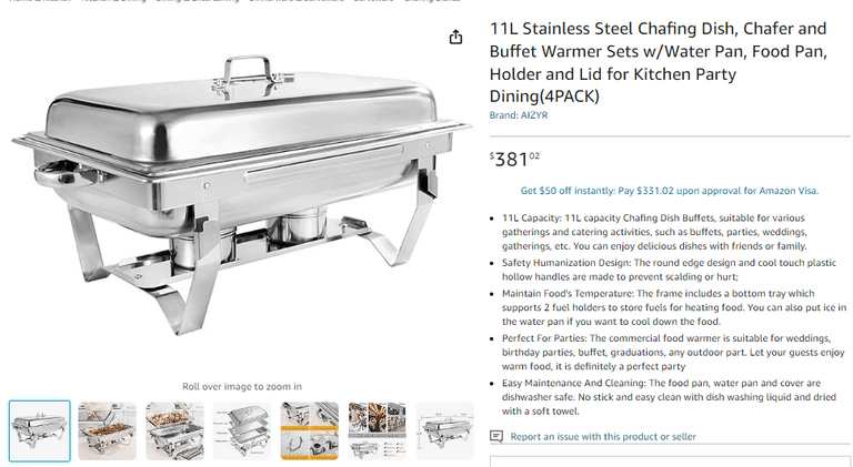 11L Stainless Steel Chafing Dish Set Of 4 , Open Box