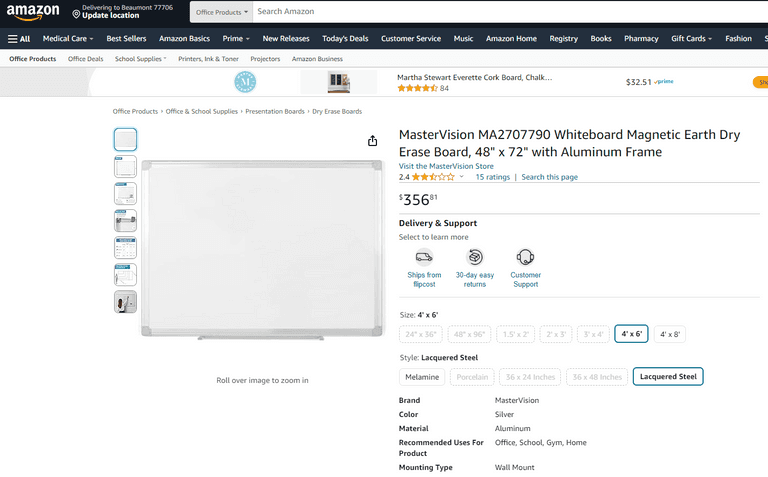 MasterVision Whiteboard Magnetic Earth Dry Erase Board, 48 x 72" , Visually Good Condition