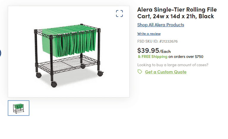 Alera Single-Tier Rolling File Cart , Like New/Open Box