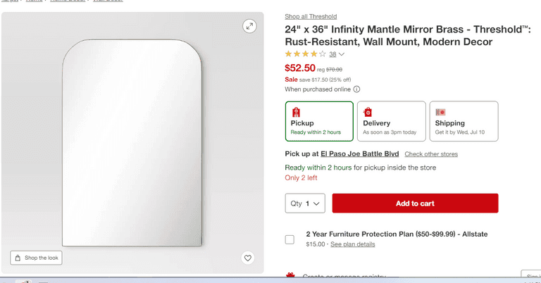 24" x 36" Infinity Mantle Mirror , Like New/Open Box