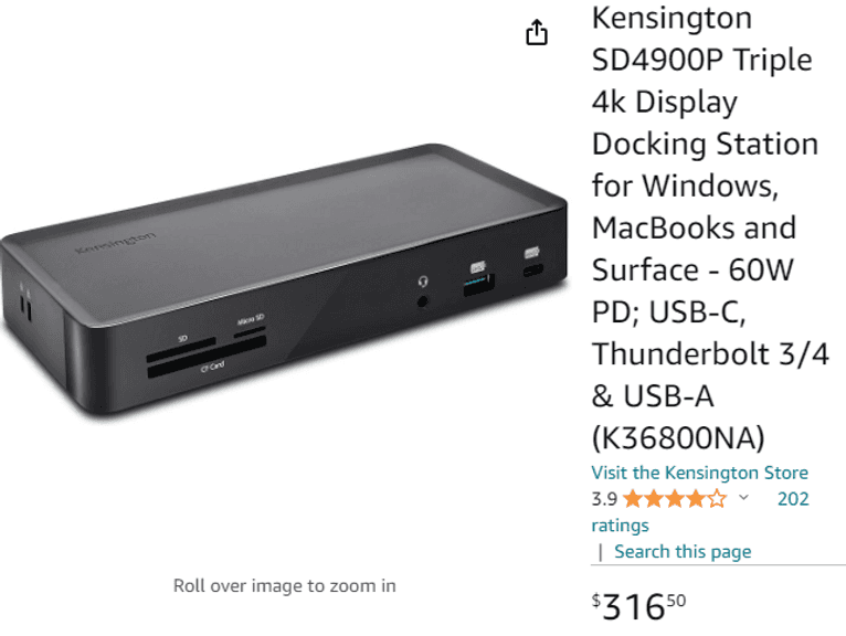 Kensington Triple 4k Display Docking Station , Untested/Uninspected