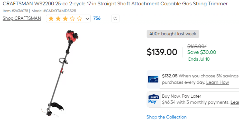 CRAFTSMAN Straight Shaft Attachment Capable Gas String Trimmer , Untested/Uninspected