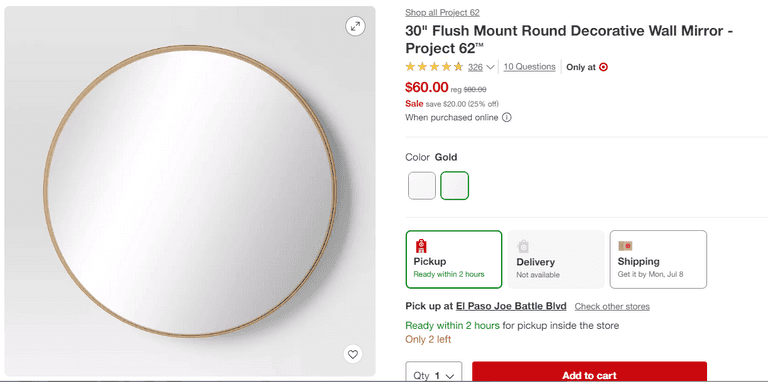 30" Flush Mount Round Decorative Wall Mirror , Like New/Open Box