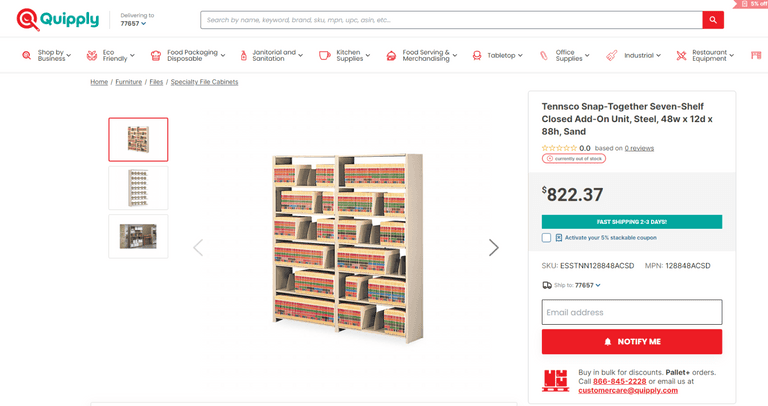 Tennsco Snap-Together Seven-Shelf Closed Add-On Unit , Visually Good Condition