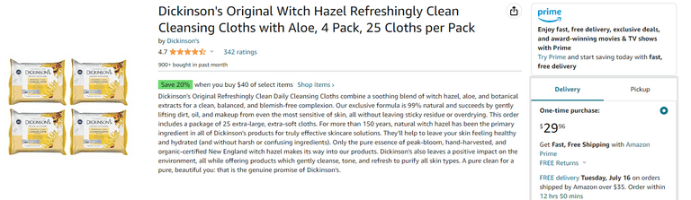 Dickinson's Witch Hazel Cleansing Cloths Set , New/Sealed