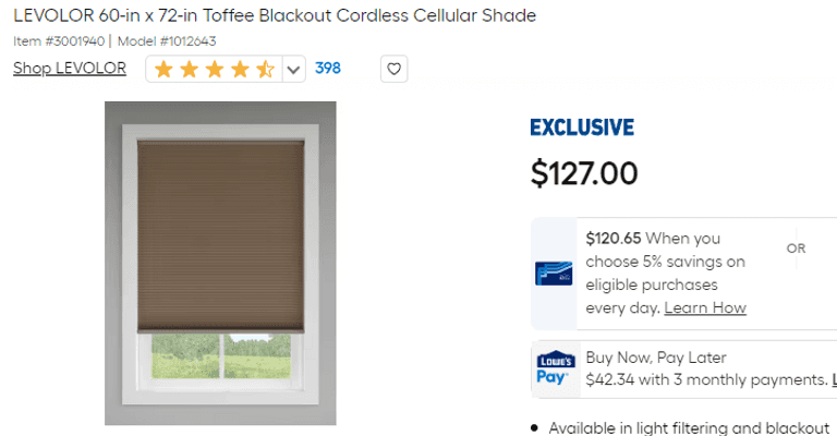 LEVOLOR Blackout Cordless Cellular Shade, 60" x 72" , Visually Good Condition