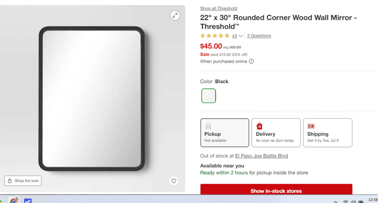 22" x 30" Rounded Corner Wood Wall Mirror , Like New/Open Box