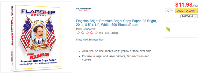 Flagship Bright Premium Bright Copy Paper, 98 Bright, 20 lb, 8.5