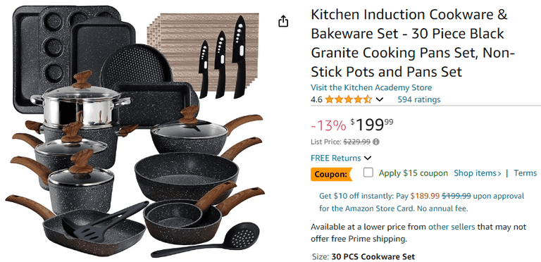 Kitchen Induction Cookware & Bakeware Set - 30 Piece Black Granite Cooking Pans Set, Non-Stick Pots and Pans Set , Open Box