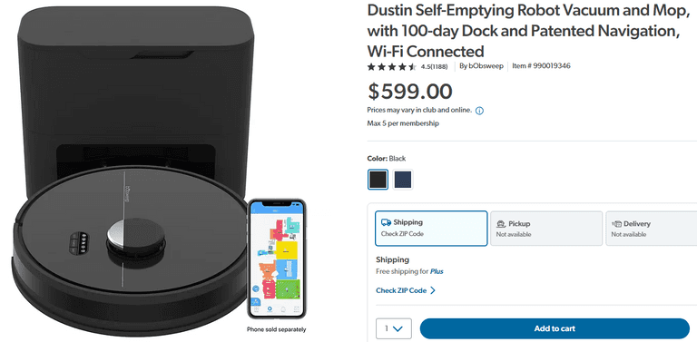 Dustin Self-Emptying Robot Vacuum & Mop, w/100-day Dock & Patented Navigation , Open Box
