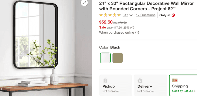 Project 62 Rectangular Decorative Mirror , Visually Good Condition