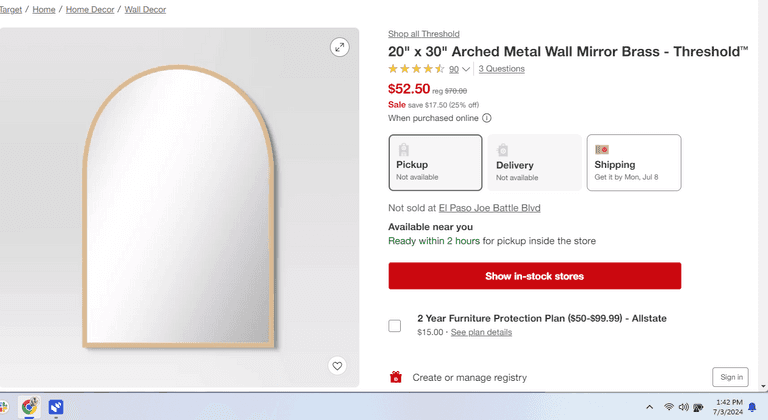 20" x 30" Arched Metal Wall Mirror , Like New/Open Box