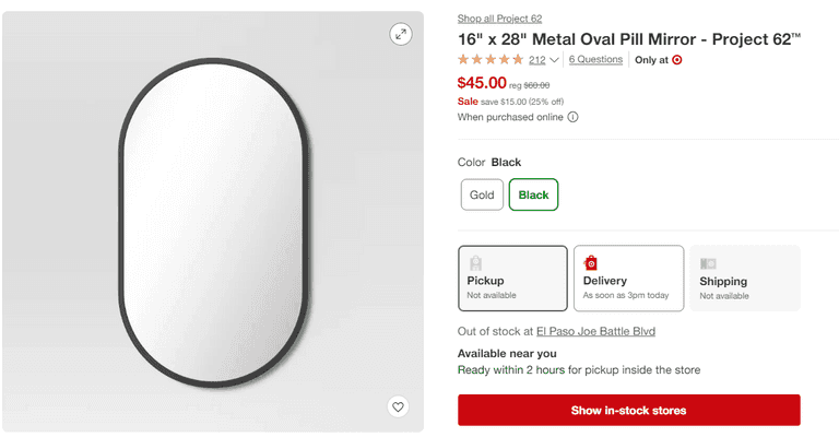 16" x 28" Metal Oval Pill Mirror , Like New/Open Box