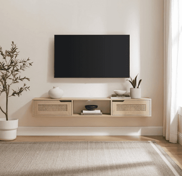 Walker Edison Modern Rattan Flip-Down-Door Wall-Mounted Floating Stand , Like New/Open Box