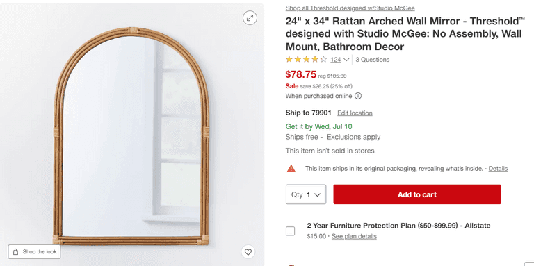 24" x 34" Rattan Arched Wall Mirror , Like New/Open Box