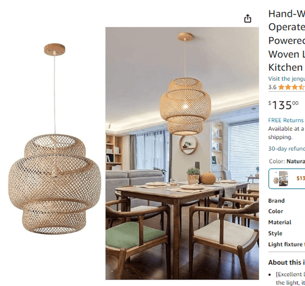 Hand-Woven Bamboo Pendant Light Battery Operated Light , Open Box