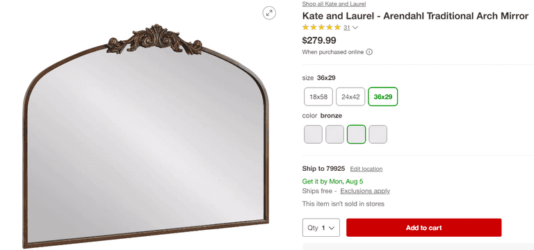 Traditional Arch Mirror 29.5" x 36" , Like New