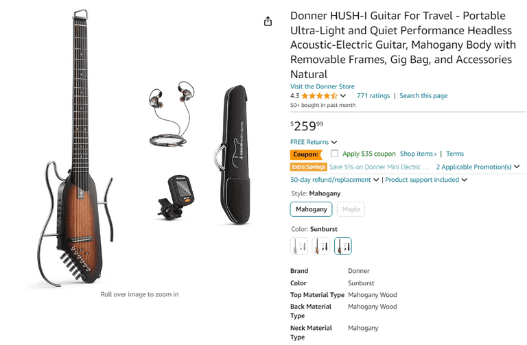 Donner Hush I Silent Guitar , Open Box