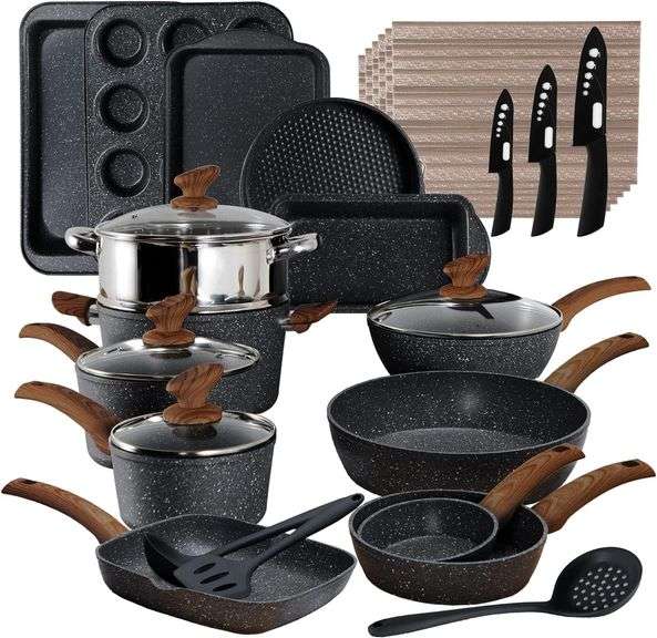 Kitchen Induction Cookware & Bakeware Set - 30 Piece Black Granite Cooking Pans Set, Non-Stick Pots and Pans Set , Open Box