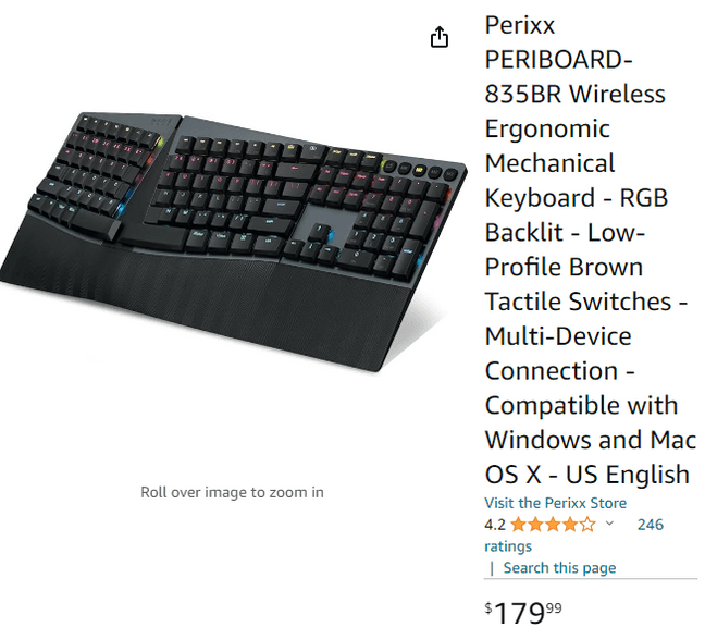 Perixx PERIBOARD-835BR - Draadloos ergonomisch mechanisch toetsenbord met RGB-verlichting, platte tactiele bruine schakelaar, programmeerbare toetsen, Windows/Mac OS X compatibel, US QWERTY