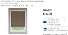LEVOLOR Blackout Cordless Cellular Shade, 60" x 72" , Visually Good Condition