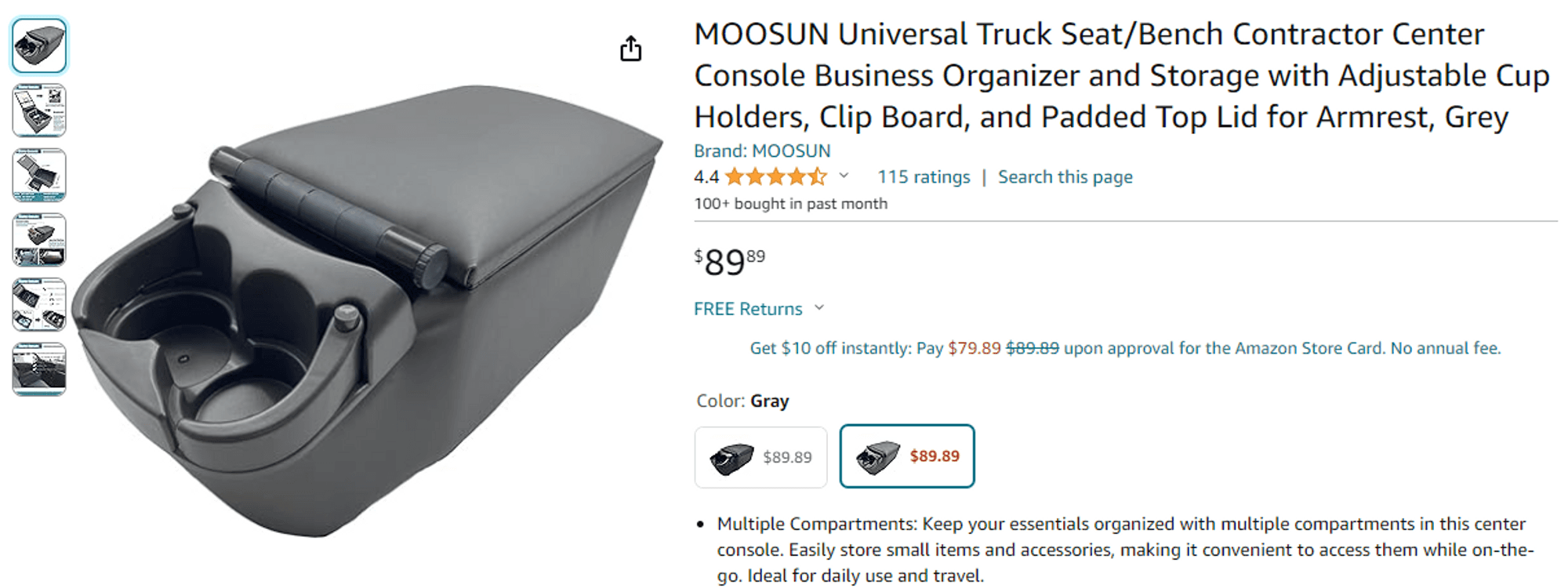 MOOSUN Universal Truck Seat Console Organizer - With Cup Holders, Clip Board & Armrest, Black