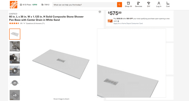 CASTICO  Solid Composite Stone Shower Pan Base with Center Drain, 60 x 36 x 1.125" , Like New