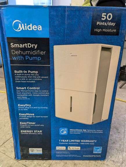 Midea 50-Pint EnergyStar Smart Dehumidifier for Wet Rooms with Pump , Like New