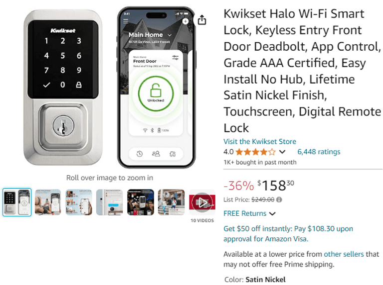 Kwikset Halo Wi-Fi Smart Lock, Keyless, Satin Nickel , Open Box - Rio ...