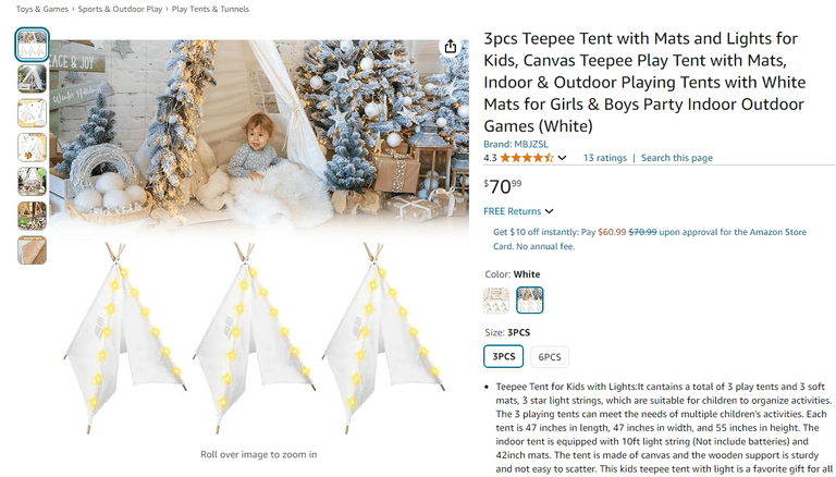 Tipi Enfant BONTON France - Blanc Coton 160x120 Cm - Occasion Très Bon état - Rare
