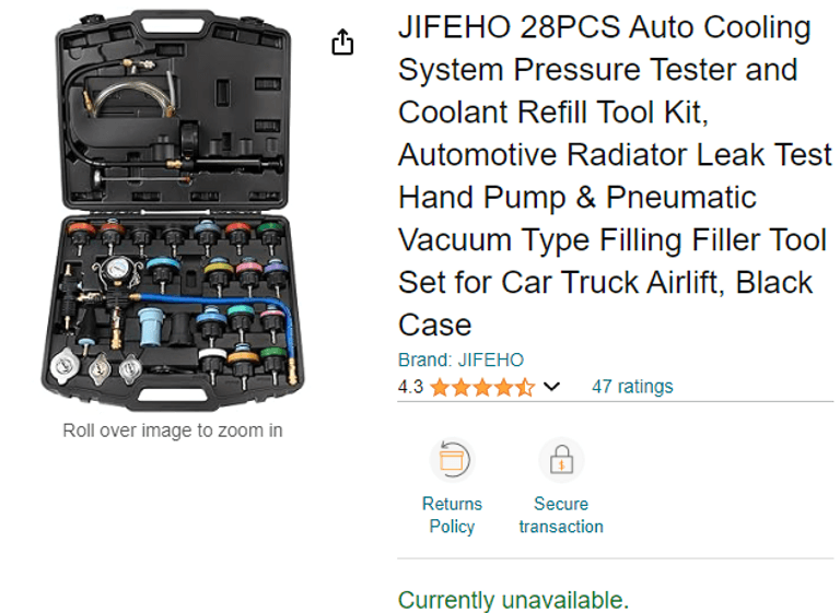 JIFEHO 28Pcs Auto Cooling System Pressure Tester & Coolant Refill Tool Kit , Open Box