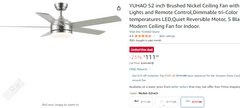 YUHAO 52 " Brushed Nickel Ceiling Fan , Open Box