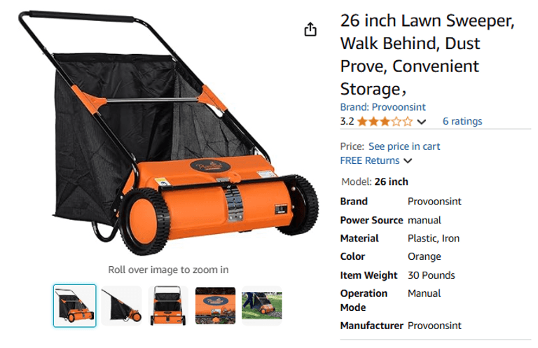 26 inch Lawn Sweeper, Walk Behind, Dust Prove, Convenient Storage， | Open Box