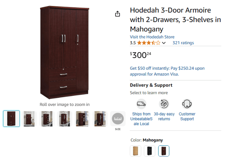 Hodedah 3-Door Armoire with 2-Drawers, 3-Shelves in Mahogany, BOX 2 of 2 ONLY | Open Box | (See Condition Notes)