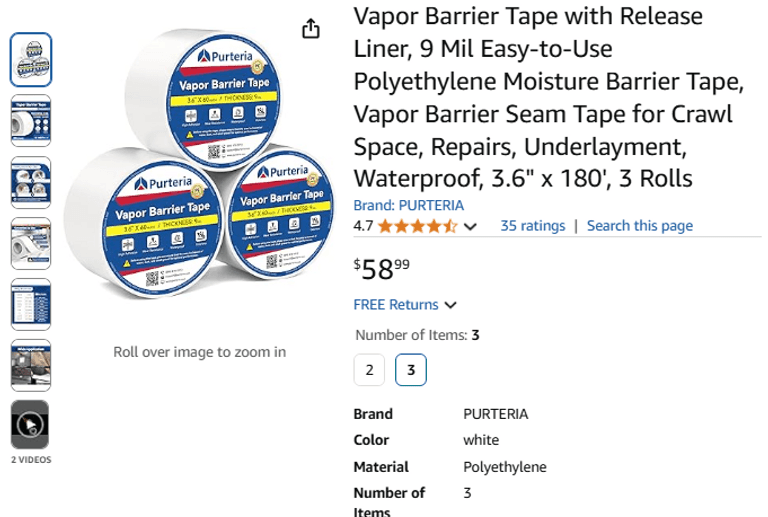 Vapor Barrier Tape with Release Liner, 9 Mil Easy-to-Use Polyethylene Moisture Barrier Tape | Like New