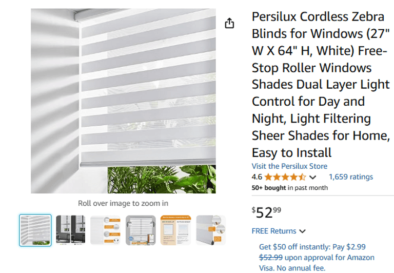 Persilux Cordless Zebra Blinds for Windows (27" W X 64" H, White) | Like New