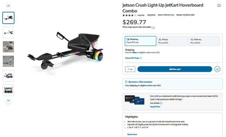 Jetson Crush Light-Up JetKart Hoverboard Combo | Like New