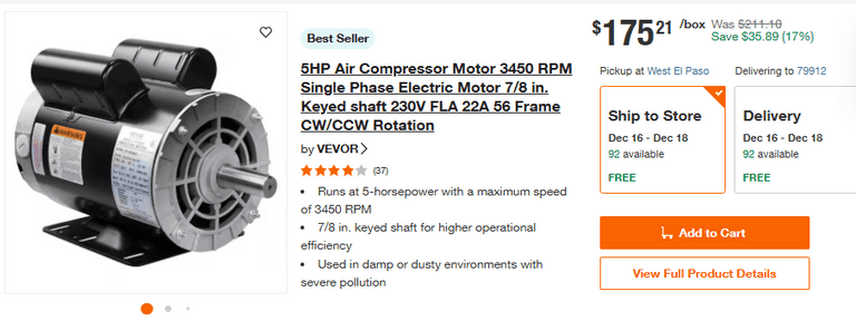 VEVOR - 5HP Air Compressor Motor 3450 RPM Single Phase Electric Motor 7/8 in. Keyed shaft 230V | Like New