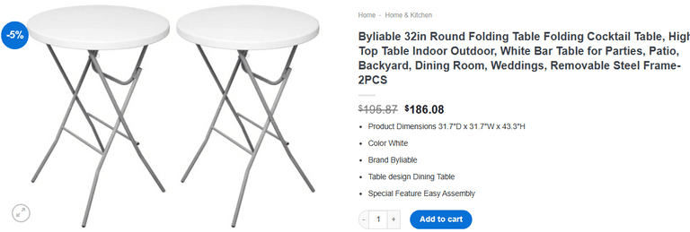 Byliable Round Folding Cocktail Table, 2 Pack, 32" | Like New