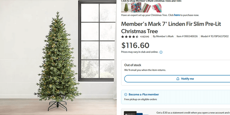 Member's Mark 7' Linden Fir Slim Pre-Lit Christmas Tree | Like New