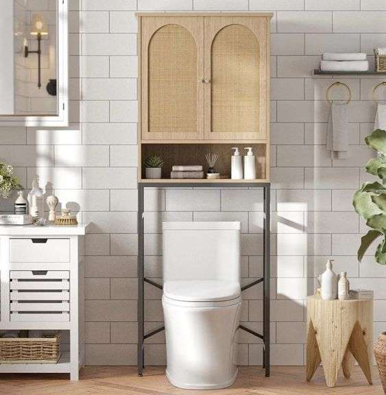 FIVEWILLOWISE Rattan Toilet Storage Cabinet, Natural Wood Finish, 9.8"D x 23.6"W x 68.9"H | Open Box