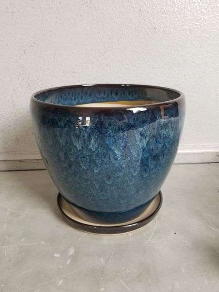 EPFAMILY 10" Ceramic Planter Pot With Drainage Hole And Saucer, Blue | Open Box