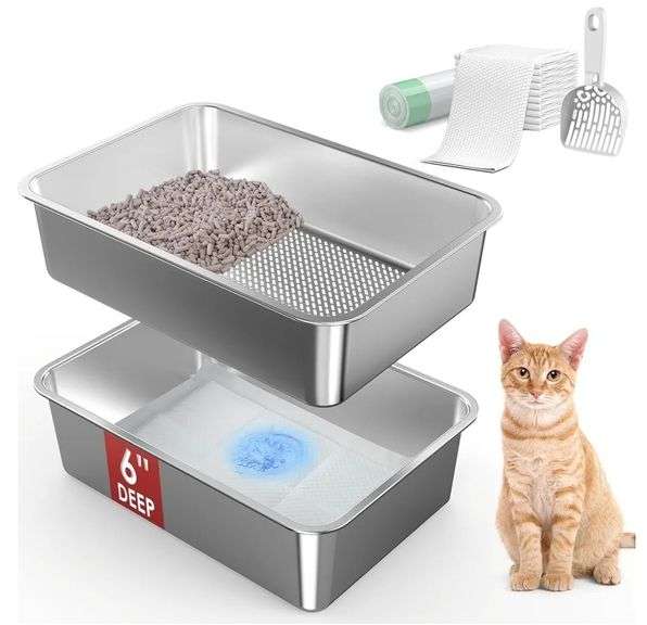 CHARLIE & MOLLIE 19.7"x13.8"x6" Stainless Steel Sifting Litter Box For Pine Pellets | Open Box