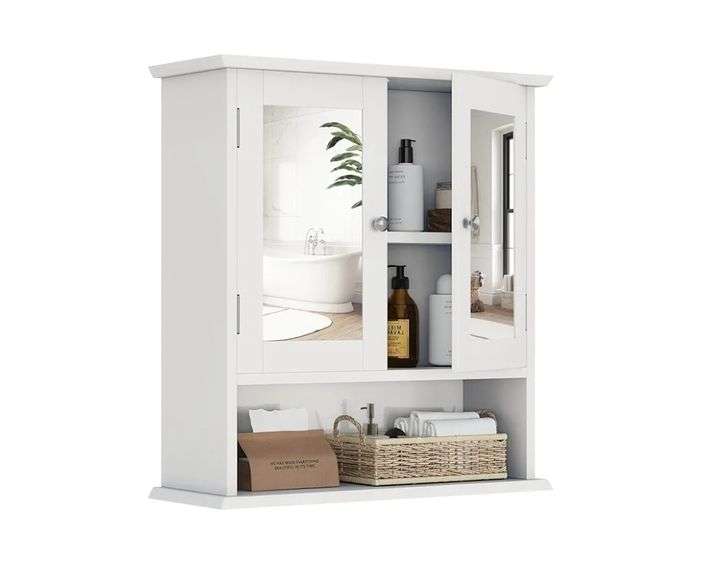 SMUXEE Bathroom Wall Cabinet With Mirrors, White, 7.8"D x 21.5"W x 23.6"H (INCOMPLETE SET) | Open Box | (See Condition Notes)