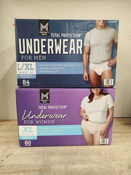 MEMBER'S MARK Disposable Underwear Bundle: Total Protection Men's, L / XL - 84ct, & Total Protection Women's, XL - 80ct | Open Box | (See Condition Notes)